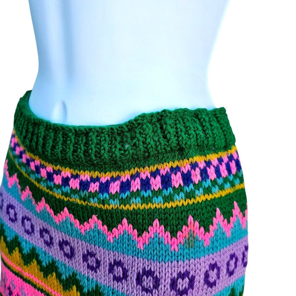 Vintage Hand Knit Colorful Fair Isle Skirt Pastel Elastic Waist Medium - Picture 2 of 15